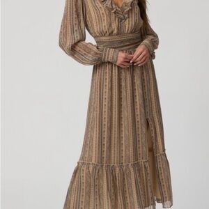 PAIGE Taupe Striped 100% Silk Ruffle Maxi Dress